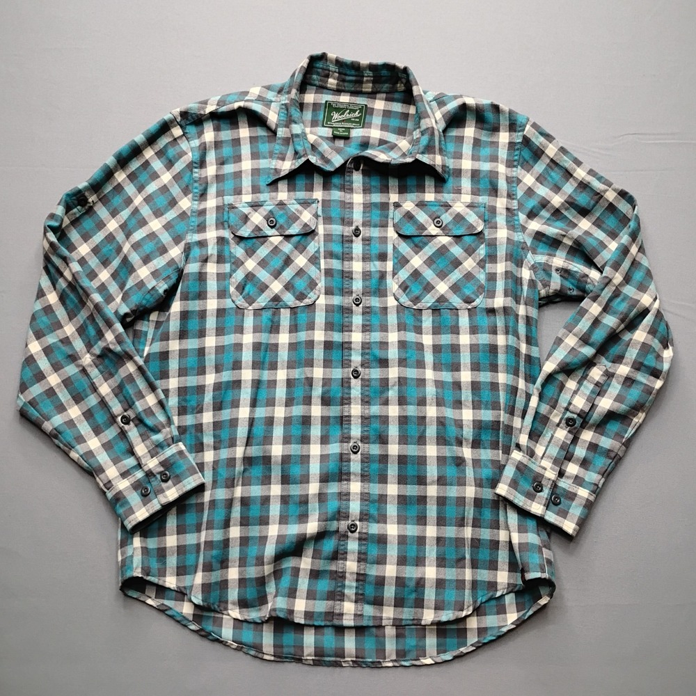 Woolrich Mens XL Deep Aqua Plaid Flannel Button Up Shirt Wool Blend